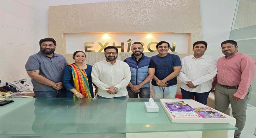 (L-R) Ketul Shah, Director - Digu Globe, Padma Mishra, whole time Director. M Q Syed, CMD - EXHICON Group.Sameer Shinde, Suraj Bhanushali, Founders of NICE, Ravi Yadav, of Ravi Pictures and U. Nadkar founder of Creative Focus by EXHICON after the signing ceremony